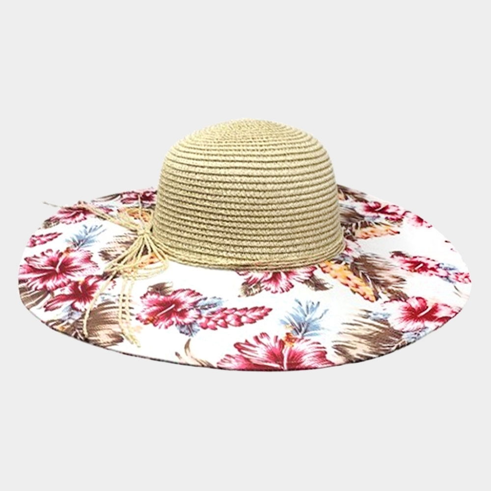 Beige Tropical Flower Floppy Straw Sun Hat Brim Womens Beach Vacation Accessory